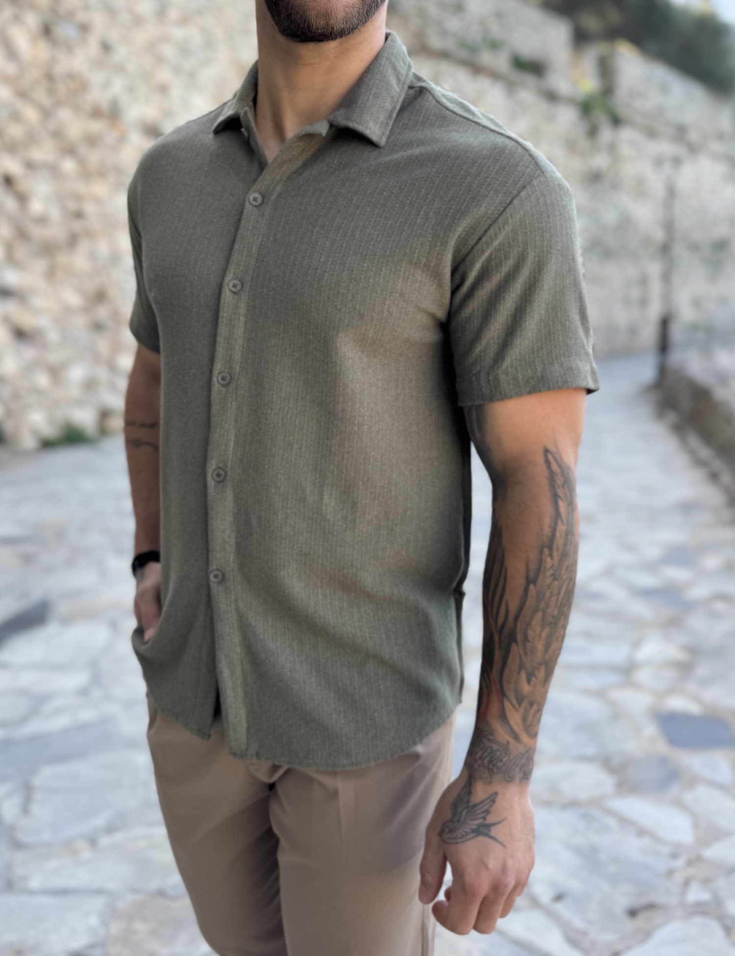 Ανδρικό λαδί πλεκτό κοντομάνικο πουκάμισο RMZ19132L φωτογραφία